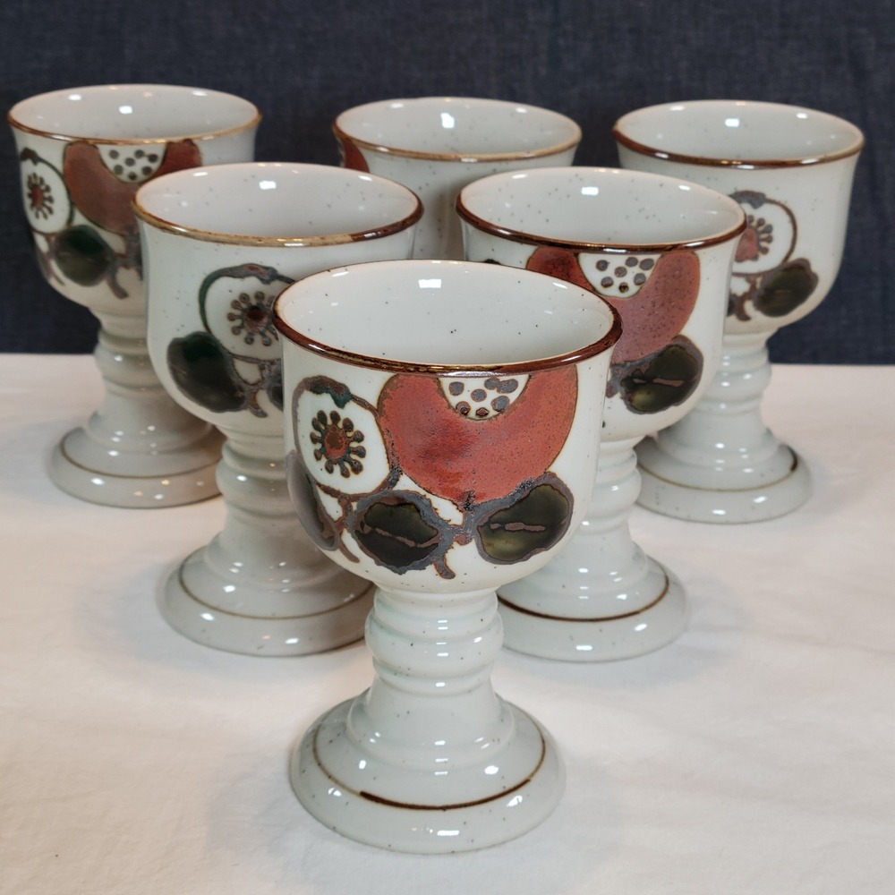 Vintage Japanese Stoneware Pedestal Goblets Set of 6 Persimmon Hand Painted MCM